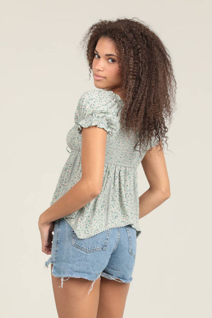 Lace Trim Ditsy Print Blouse