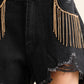 Distressed Frayed Detail Fringe Rhinestone Denim