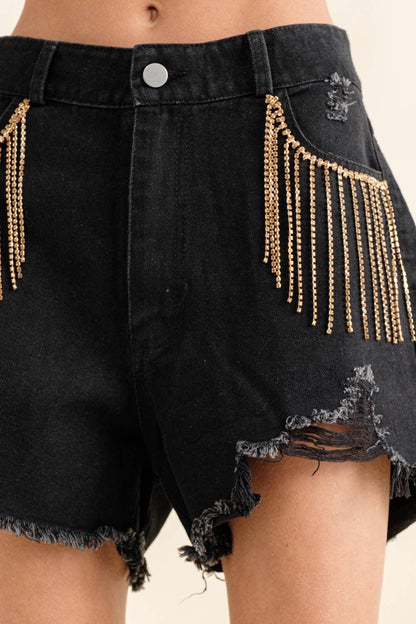Distressed Frayed Detail Fringe Rhinestone Denim - Southern Sassy Boutique