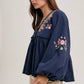 FLORAL EMBROIDERY BUBBLE SLEEVED BABYDOLL TOP