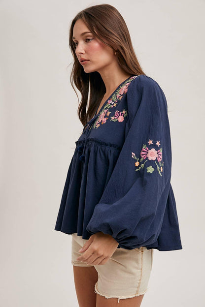 FLORAL EMBROIDERY BUBBLE SLEEVED BABYDOLL TOP - Southern Sassy Boutique