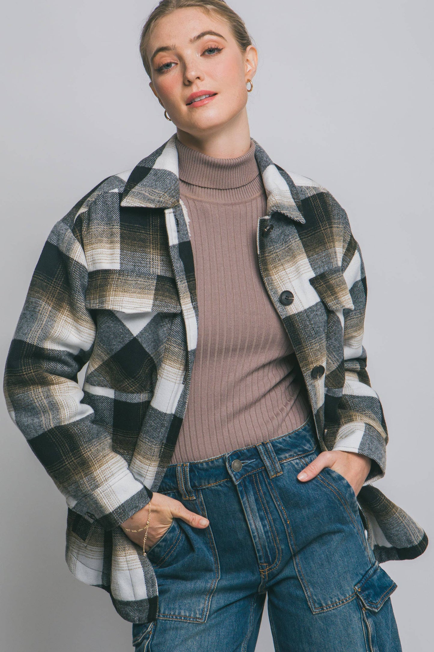 Plaid Button Up Jacket with Sherpa Lining