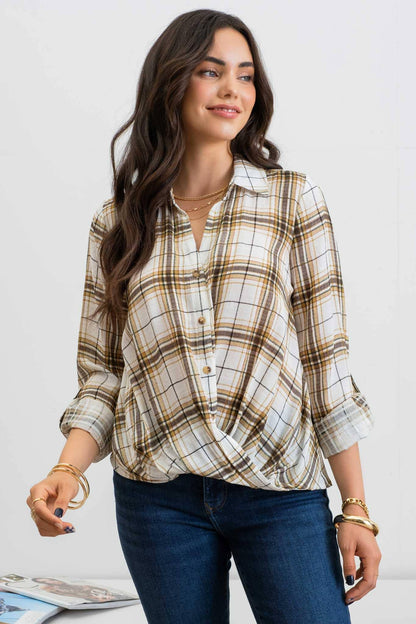 PLAID DRAPED ROLL TAB SLEEVE TOP - Southern Sassy Boutique
