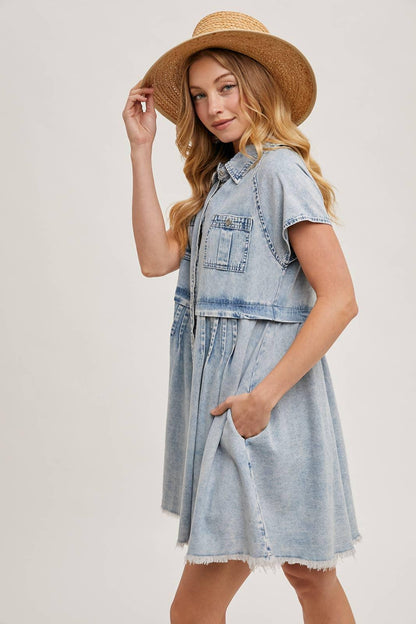 DENIM BUTTON DOWN SHIRT MINI DRESS - Southern Sassy Boutique