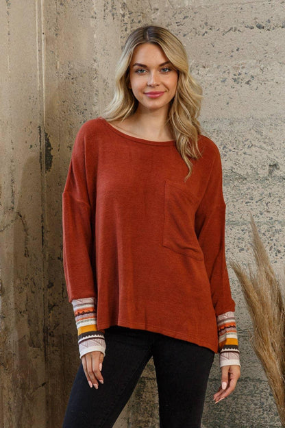 Knit Crew Neck Top Contrast Detail - Southern Sassy Boutique