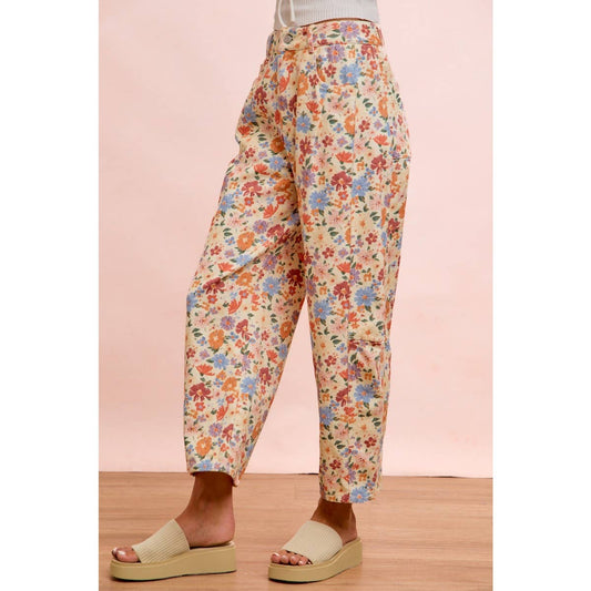 Washed Floral Printed Twill Barrel Pants