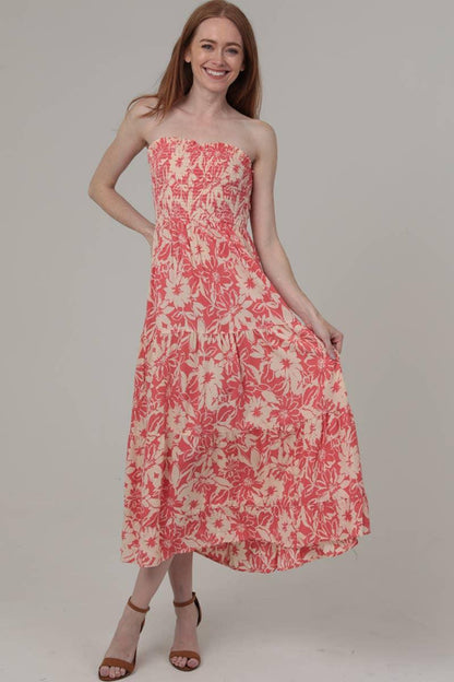 Strapless Floral Print Midi Dress