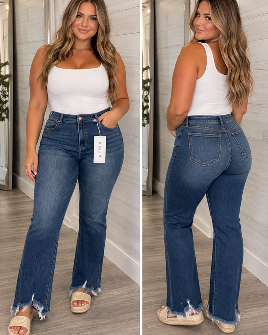 Curvy Dark Frayed Wide Leg-Risen