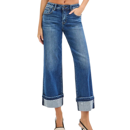Dark Mid-Rise Ankle Jeans w/ Cuffed Hem