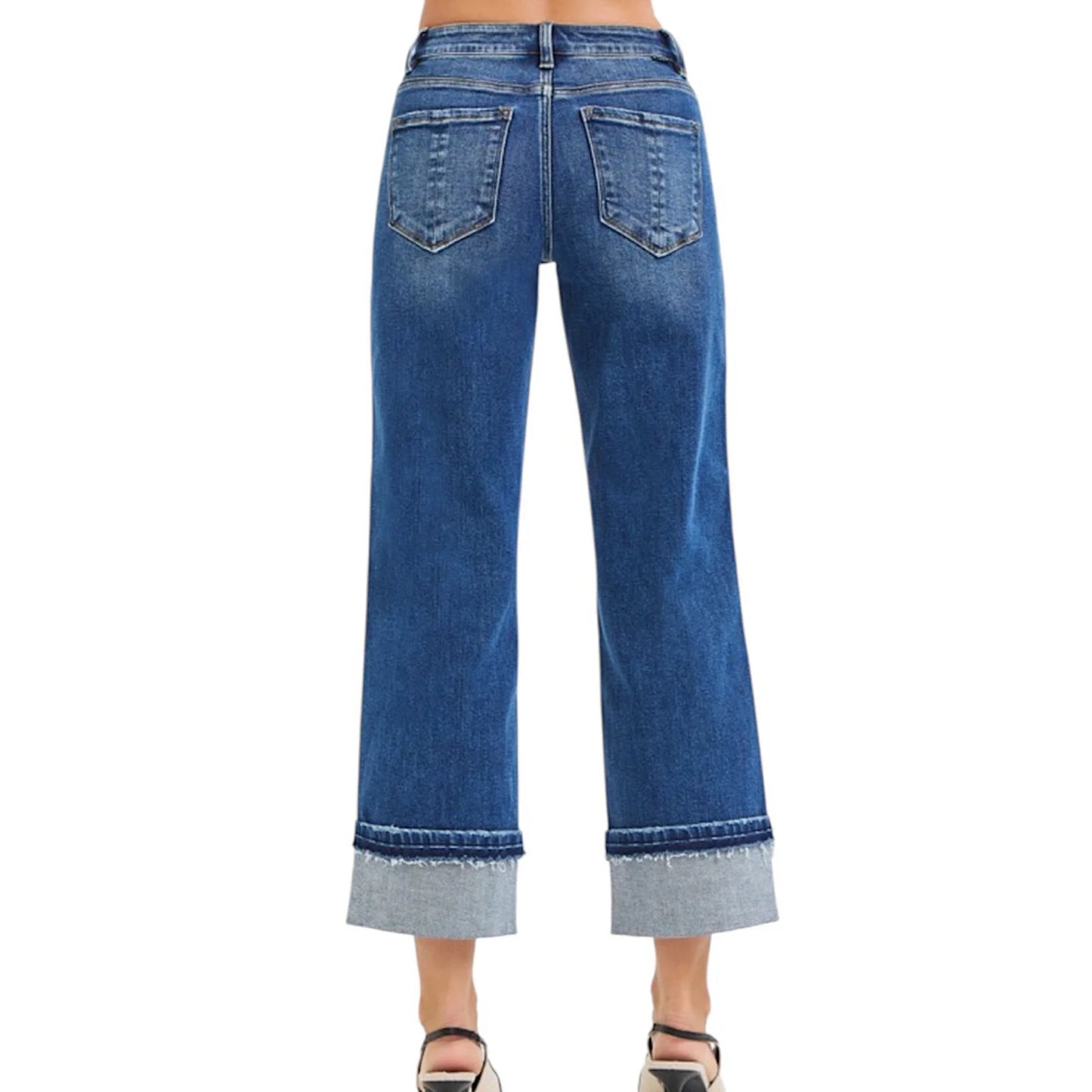 Dark Mid-Rise Ankle Jeans w/ Cuffed Hem