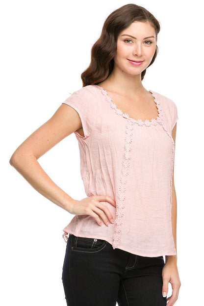 Flower & Lace Trim Blouse - Southern Sassy Boutique