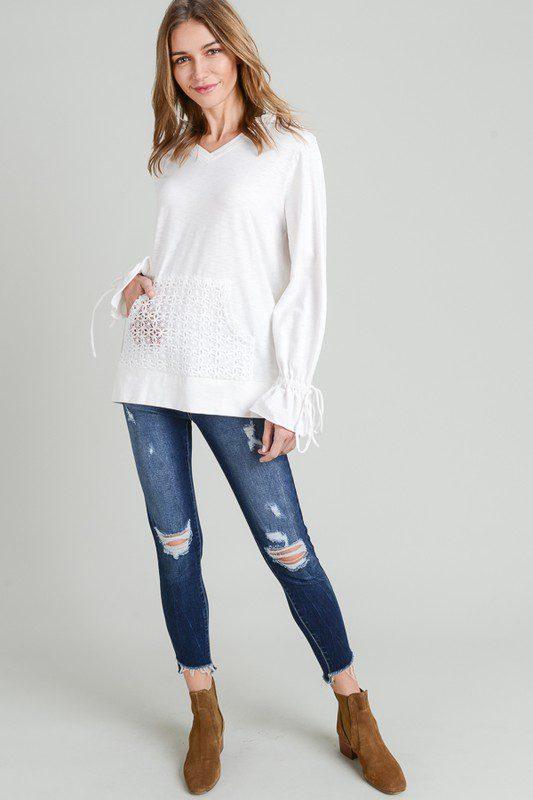 Image: Long Sleeve Ruffle Lace Hoddie Off White | Southern Sassy Boutique