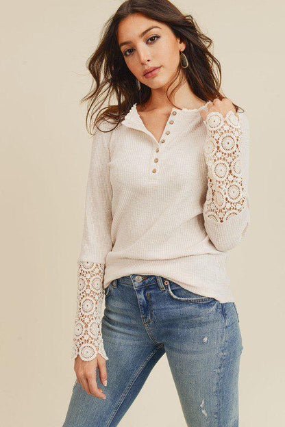 Image: Crochet Long Sleeve Knit Top Ecru | Southern Sassy Boutique