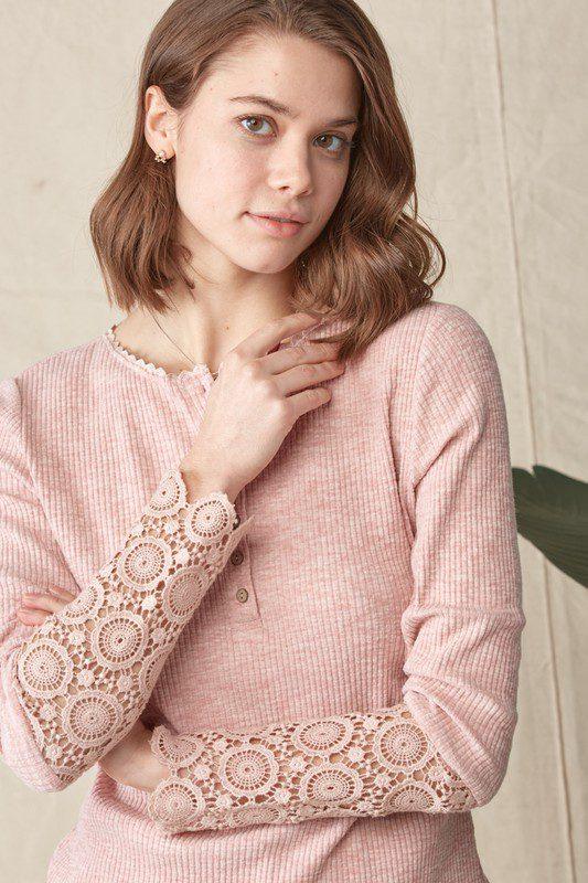 Image: Crochet Long Sleeve Hem Top Pink | Southern Sassy Boutique