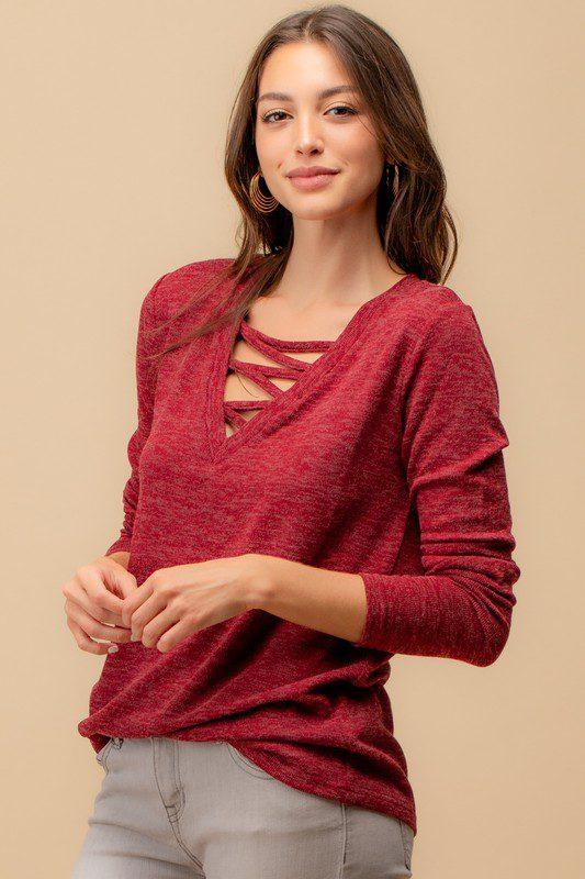 Image: Long Sleeve Zigzag Top Burgundy | Southern Sassy Boutique