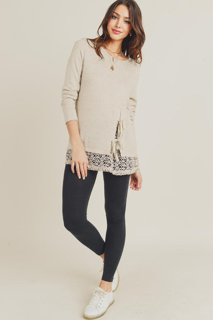 Image: Long Sleeve Bottom Lace Kint Top Oatmeal | Southern Sassy Boutique