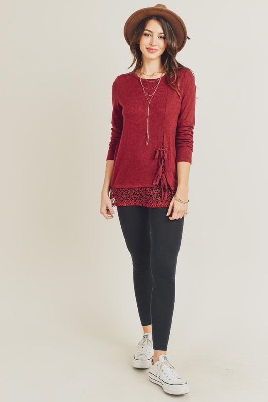 Image: Long Sleeve Bottom Lace Kint Top Wine | Southern Sassy Boutique