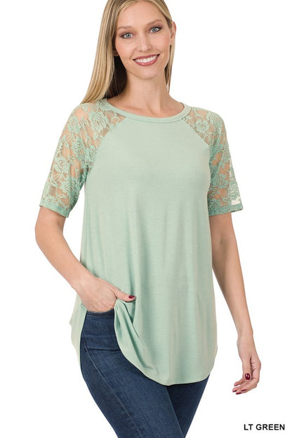 Solid Round Neck Short Sleeve Top With Lace