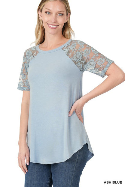 Solid Round Neck Short Sleeve Top With Lace