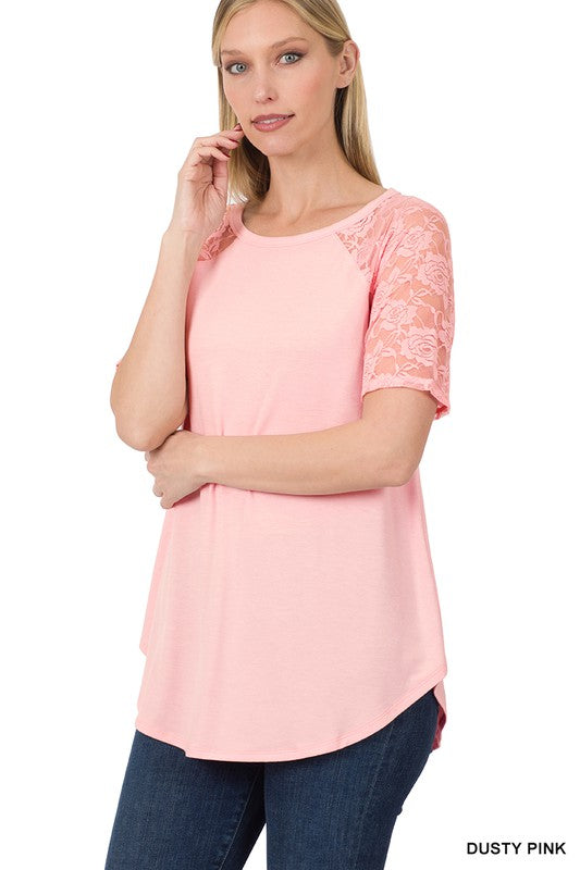 Solid Round Neck Short Sleeve Top With Lace