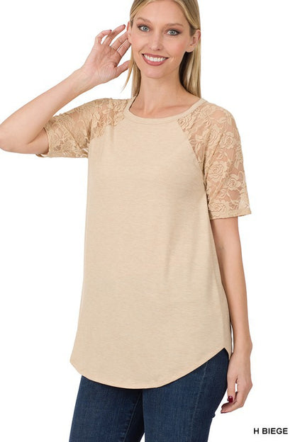 Solid Round Neck Short Sleeve Top With Lace