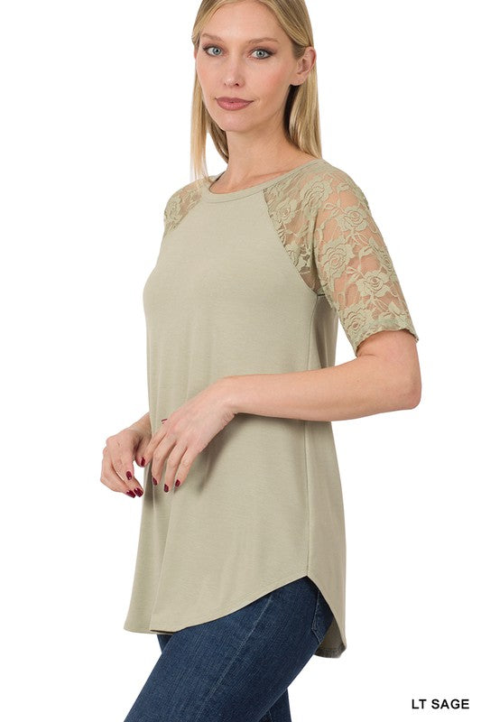 Solid Round Neck Short Sleeve Top With Lace