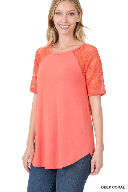 Solid Round Neck Short Sleeve Top With Lace