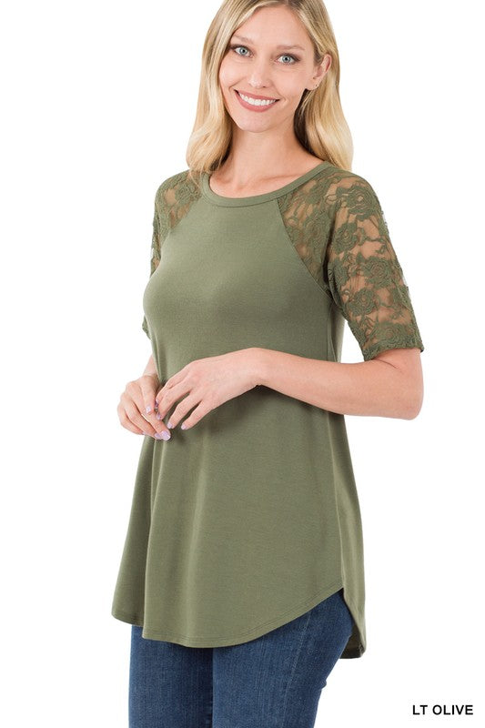 Solid Round Neck Short Sleeve Top With Lace