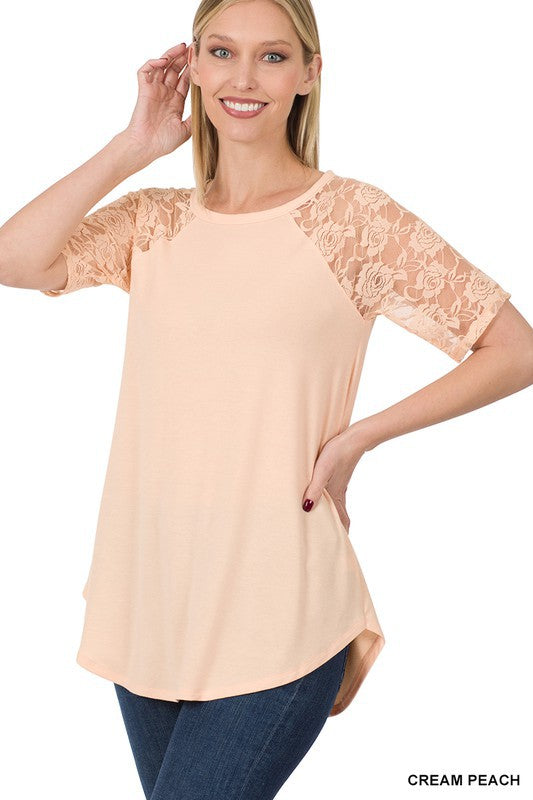 Solid Round Neck Short Sleeve Top With Lace