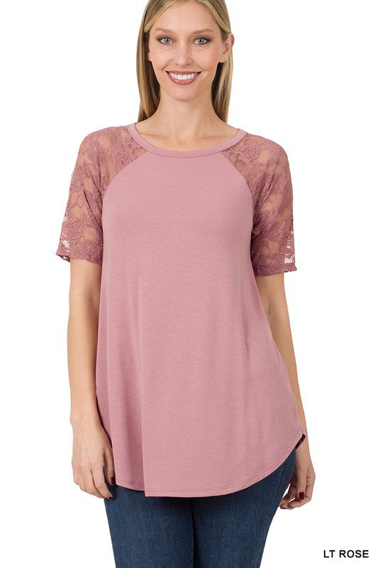 Solid Round Neck Short Sleeve Top With Lace