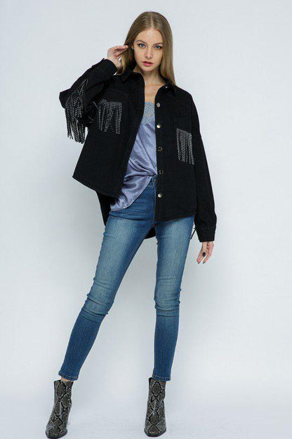 Image: Denim Fringe Jacket Black | Southern Sassy Boutique