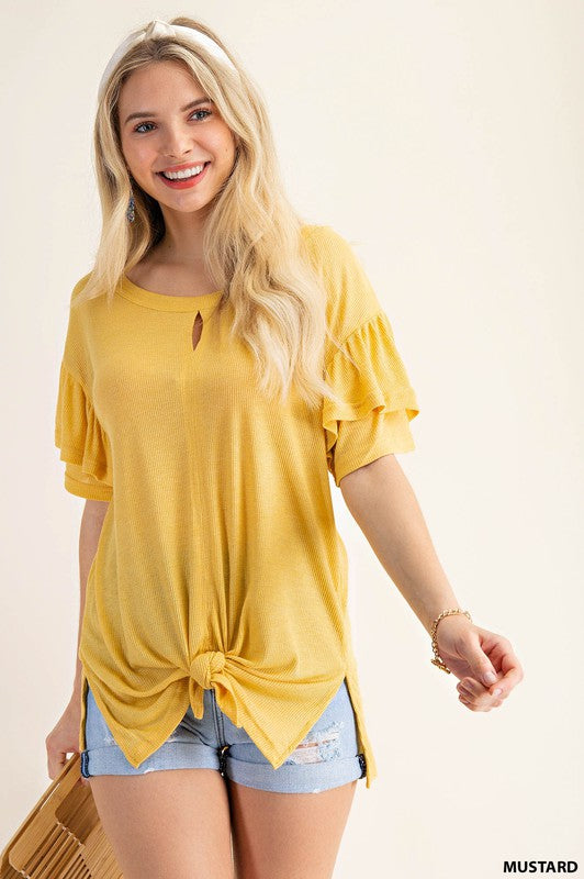 Rib Knit Top with Keyhole & Ruffle Sleeve