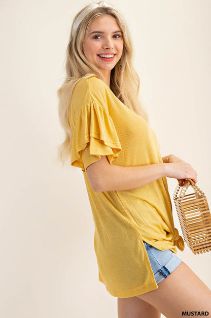 Rib Knit Top with Keyhole & Ruffle Sleeve