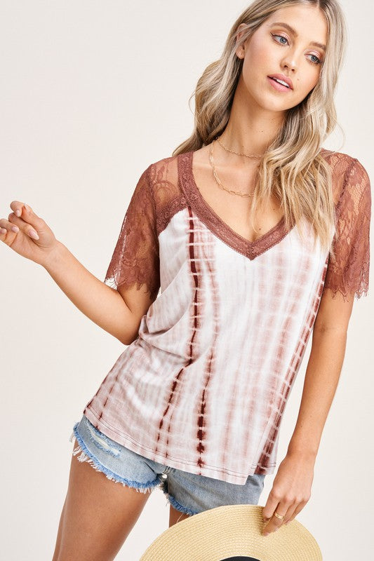 Tie Dye & Lace Sleeve Top