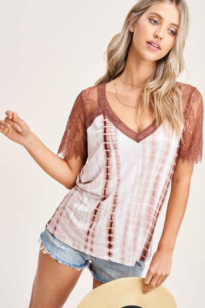 Tie Dye & Lace Sleeve Top