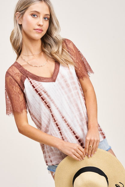 Tie Dye & Lace Sleeve Top