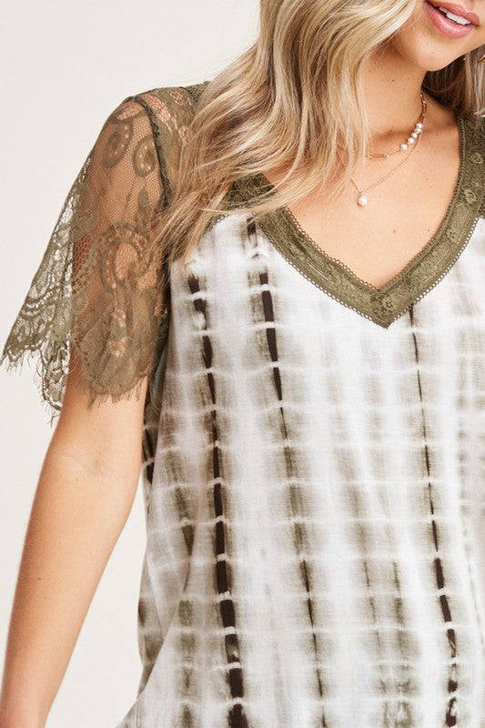 Tie Dye & Lace Sleeve Top