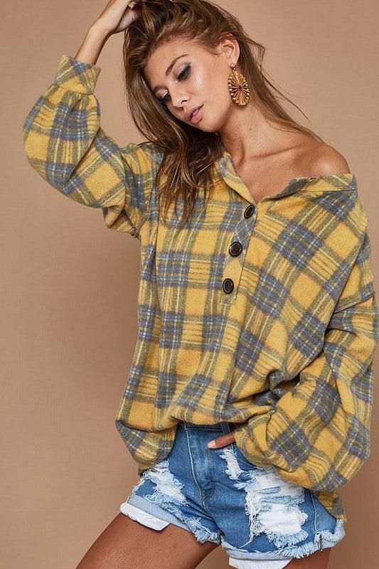 Super Soft Checker Print Brush Buttoned Henley Top - Southern Sassy Boutique