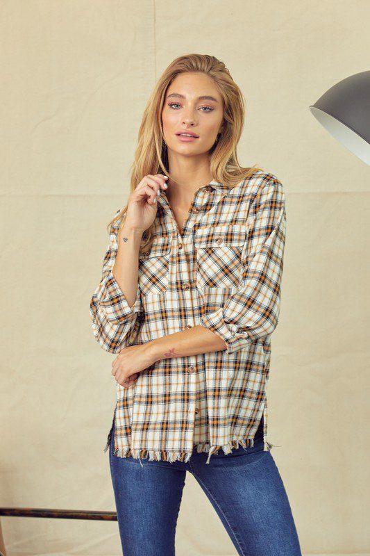 Image: Long Sleeve Button Down Flannel Top Camel Combo | Southern Sassy Boutique