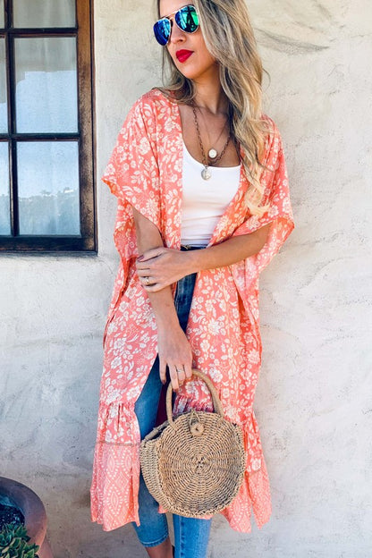 Floral Kimono With Ruffle Bottom Detail