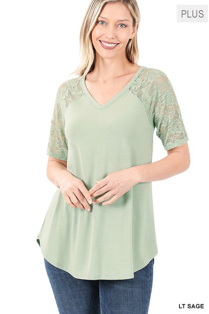 Solid V-Neck Short Sleeve Top with Lace