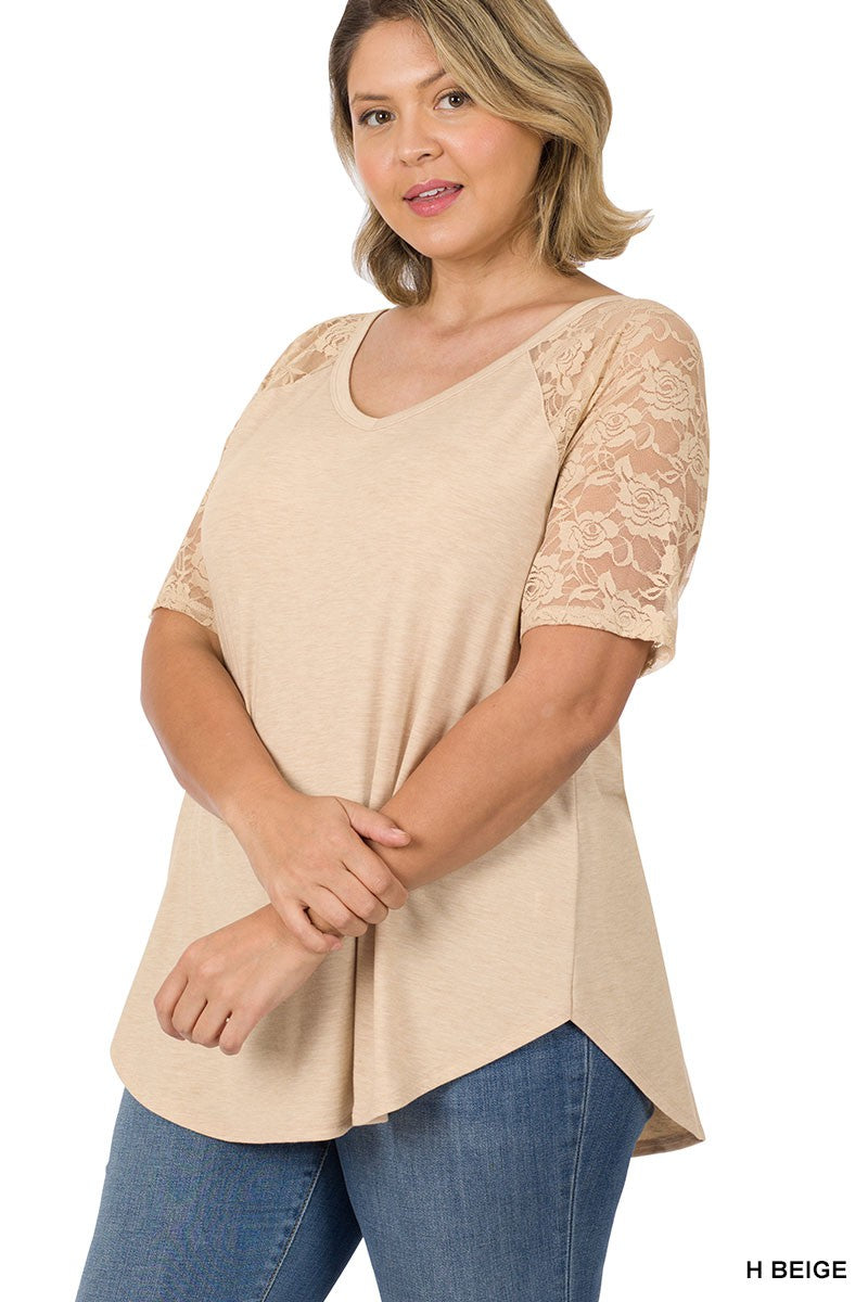 Solid V-Neck Short Sleeve Top with Lace