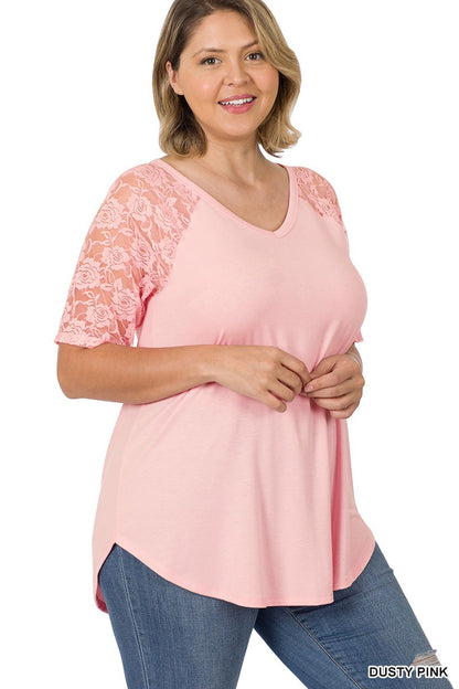 Solid V-Neck Short Sleeve Top with Lace