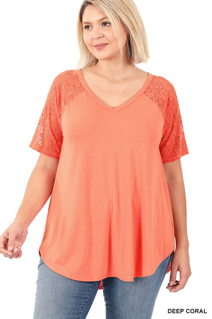 Solid V-Neck Short Sleeve Top with Lace