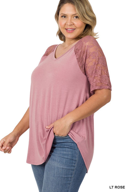 Solid V-Neck Short Sleeve Top with Lace