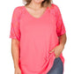 Solid V-Neck Short Sleeve Top with Lace