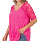 Solid V-Neck Short Sleeve Top with Lace