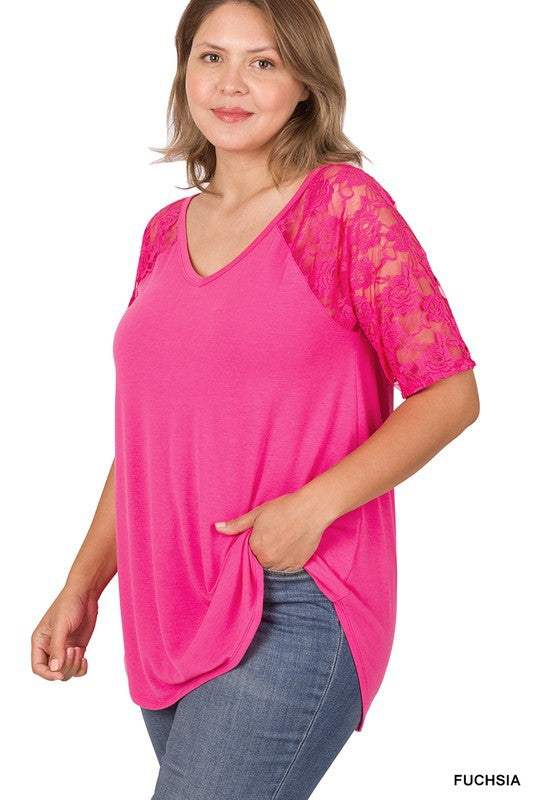 Solid V-Neck Short Sleeve Top with Lace