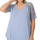Solid V-Neck Short Sleeve Top with Lace