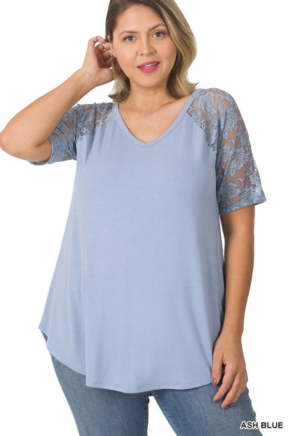 Solid V-Neck Short Sleeve Top with Lace